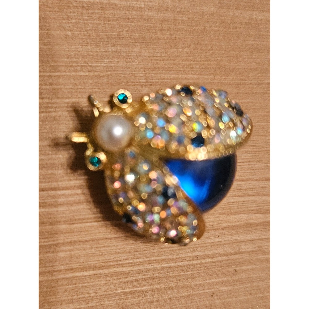 Sparkling Ladybug Brooch Pin Rhinestone Pearl Blue Gemstone Gold Tone - Picture 5 of 16